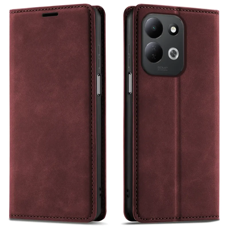 Bordowe etui z klapką Velvet do Xiaomi Redmi 17 4G | 5G pokazane z przodu i z tyłu, z wycięciem na aparat oraz zamykaną konstrukcją