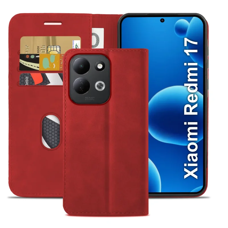 Czerwone etui z klapką do Xiaomi Redmi 17 4G | 5G z trzema kieszonkami na karty oraz przegrodą na banknoty