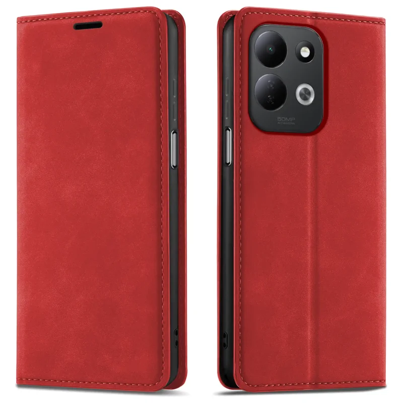 Czerwone etui z klapką Velvet do Xiaomi Redmi 17 4G | 5G pokazane z przodu i z tyłu, z wycięciem na aparat oraz zamykaną konstrukcją