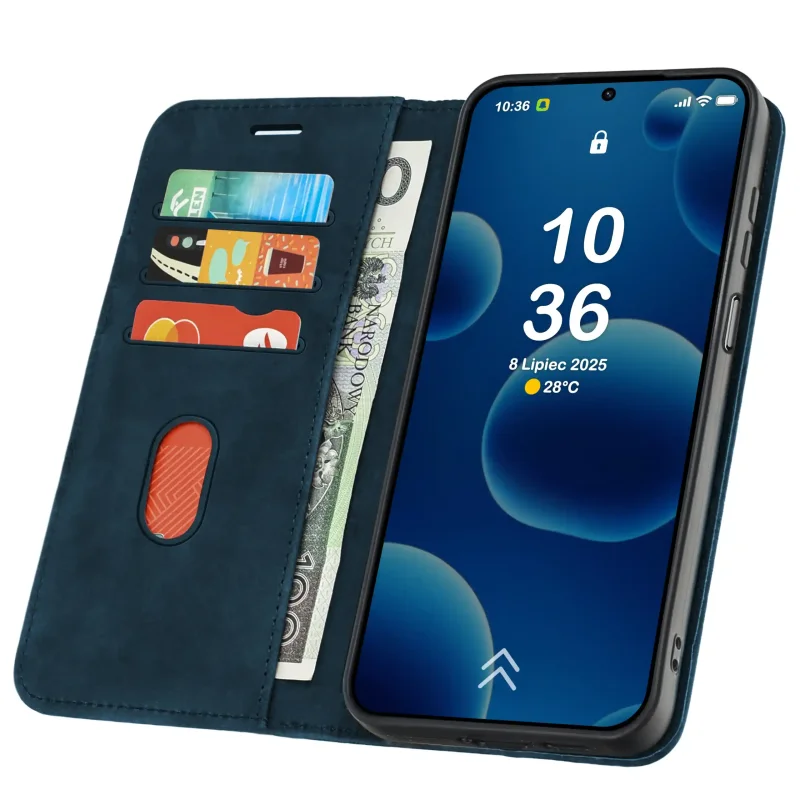 Granatowe etui portfelowe Velvet do Xiaomi Redmi 17 4G | 5G z kieszonkami na karty i przegrodą na banknoty