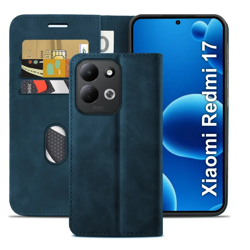 Granatowe etui z klapką do Xiaomi Redmi 17 4G | 5G z trzema kieszonkami na karty oraz przegrodą na banknoty