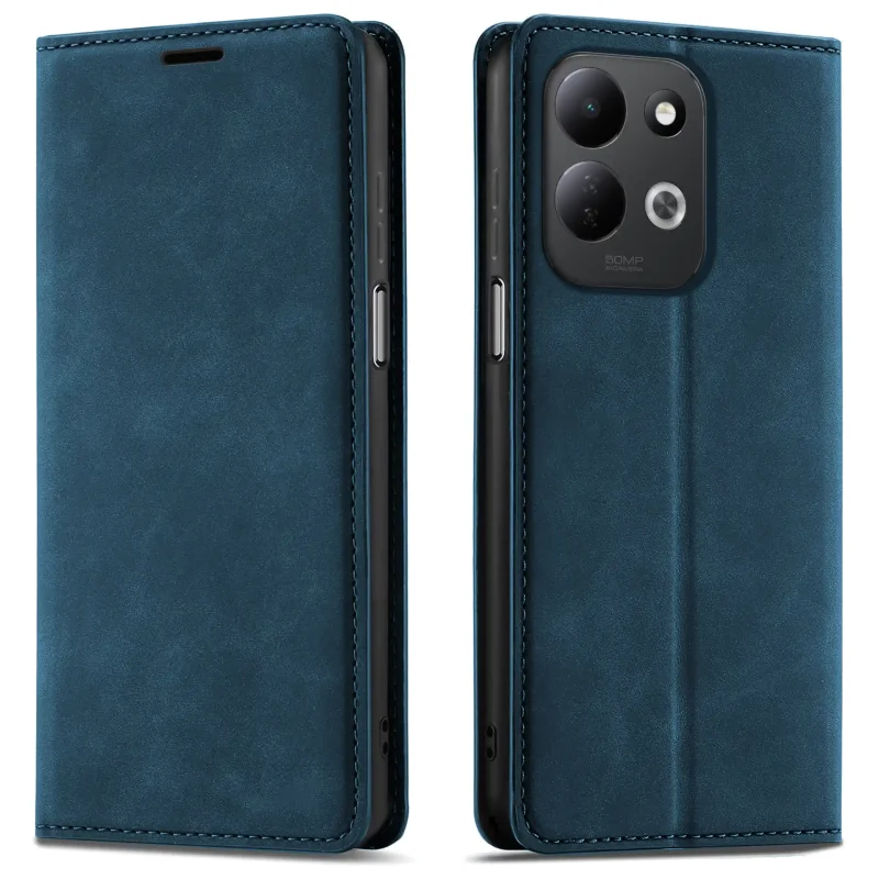 Granatowe etui z klapką Velvet do Xiaomi Redmi 17 4G | 5G pokazane z przodu i z tyłu, z wycięciem na aparat oraz zamykaną konstrukcją