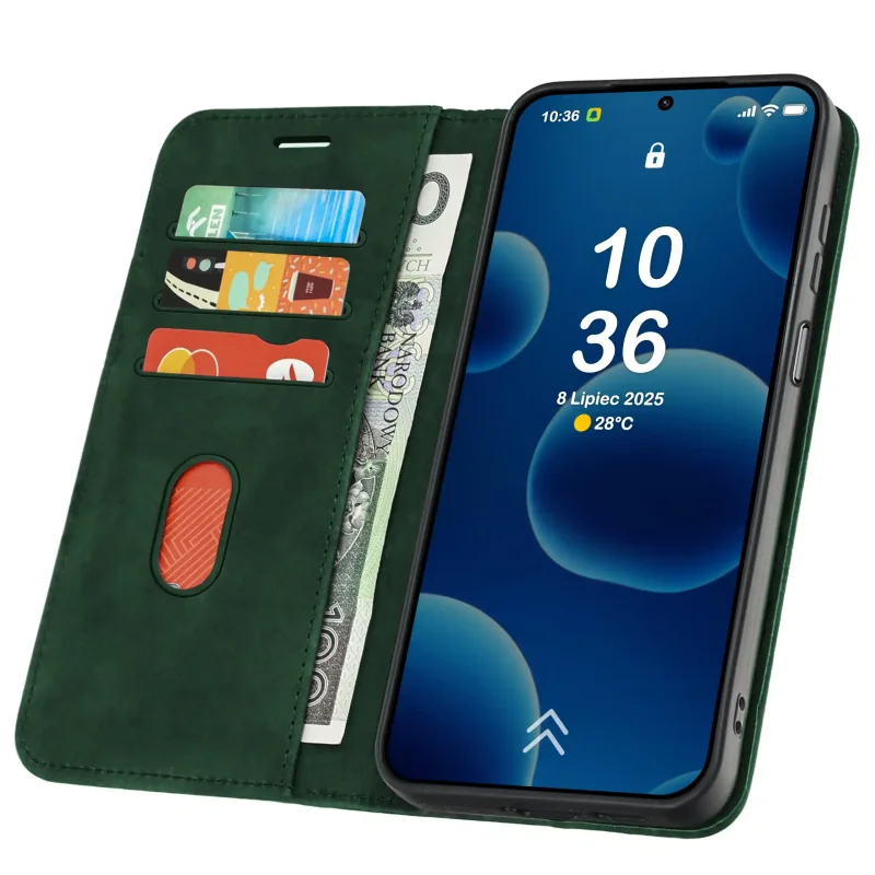 Zielone etui portfelowe Velvet do Xiaomi Redmi 17 4G | 5G z kieszonkami na karty i przegrodą na banknoty