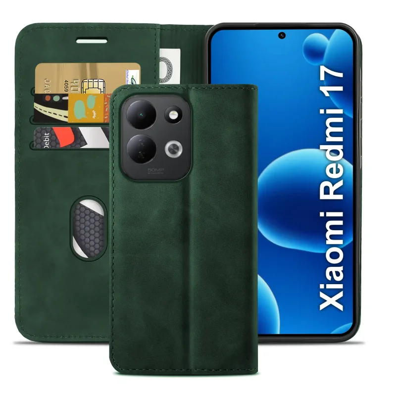 Zielone etui z klapką do Xiaomi Redmi 17 4G | 5G z trzema kieszonkami na karty oraz przegrodą na banknoty