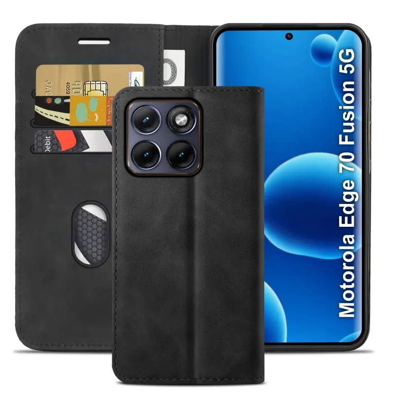 Czarne etui z klapką do Motorola Edge 70 Fusion z trzema kieszonkami na karty oraz przegrodą na banknoty