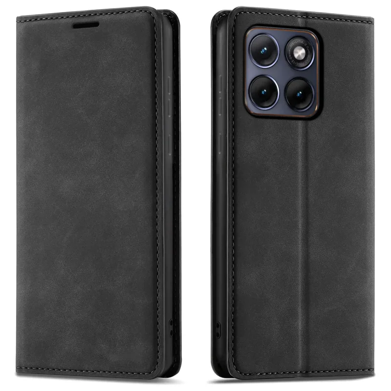 Czarne etui z klapką Velvet do Motorola Edge 70 Fusion pokazane z przodu i z tyłu, z wycięciem na aparat oraz zamykaną konstrukcją