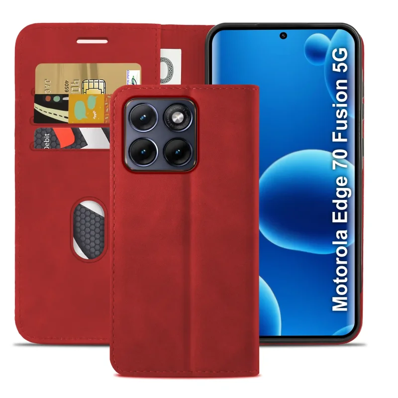 Czerwone etui z klapką do Motorola Edge 70 Fusion z trzema kieszonkami na karty oraz przegrodą na banknoty