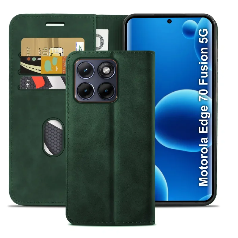 Zielone etui z klapką do Motorola Edge 70 Fusion z trzema kieszonkami na karty oraz przegrodą na banknoty