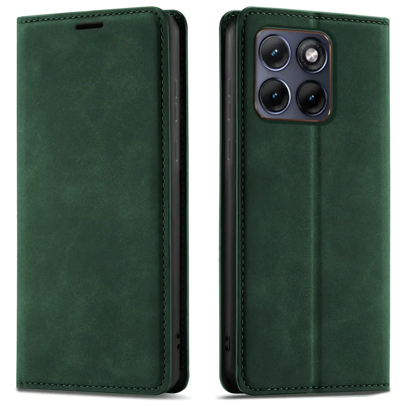 Zielone etui z klapką Velvet do Motorola Edge 70 Fusion pokazane z przodu i z tyłu, z wycięciem na aparat oraz zamykaną konstrukcją