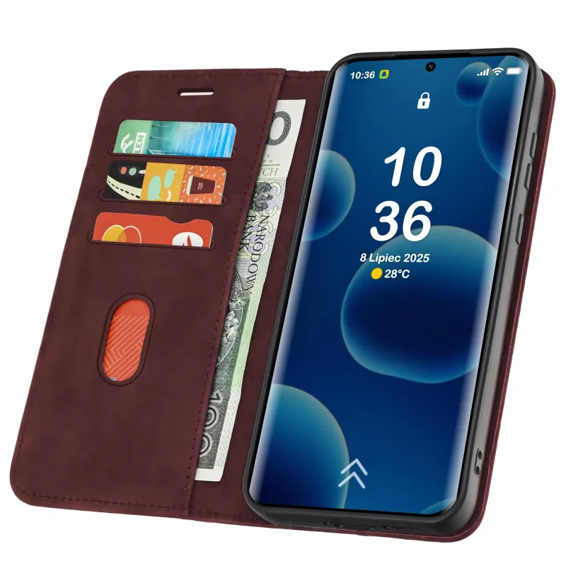 Bordowe etui portfelowe Velvet do Motorola Edge 70 Fusion z kieszonkami na karty i przegrodą na banknoty