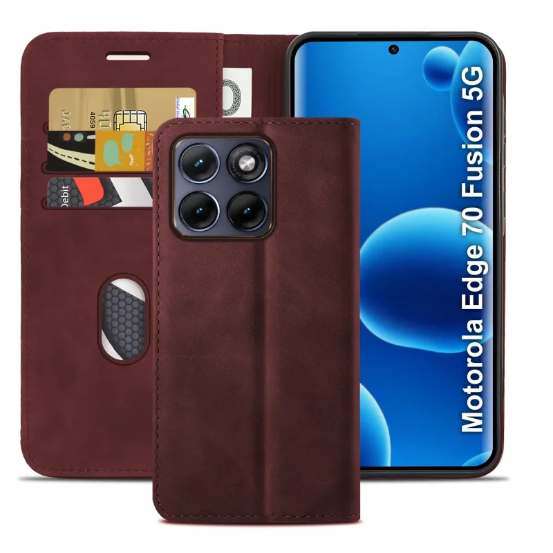 Bordowe etui z klapką do Motorola Edge 70 Fusion z trzema kieszonkami na karty oraz przegrodą na banknoty