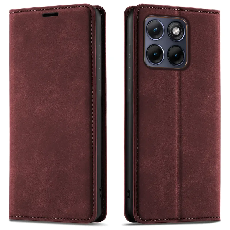 Bordowe etui z klapką Velvet do Motorola Edge 70 Fusion pokazane z przodu i z tyłu, z wycięciem na aparat oraz zamykaną konstrukcją