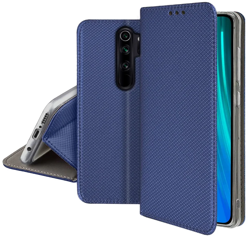 Granatowe zamykane etui z klapką do Xiaomi Redmi Note 8 Pro z matową strukturą, wycięciami na porty oraz ochroną aparatów i boków smartfona