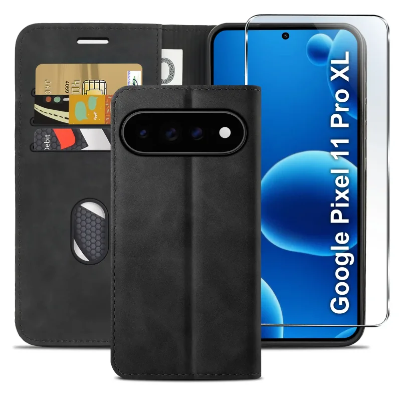 Czarne etui z klapką do Google Pixel 11 Pro XL z trzema kieszonkami na karty, przegrodą na banknoty oraz szkłem hartowanym na ekran