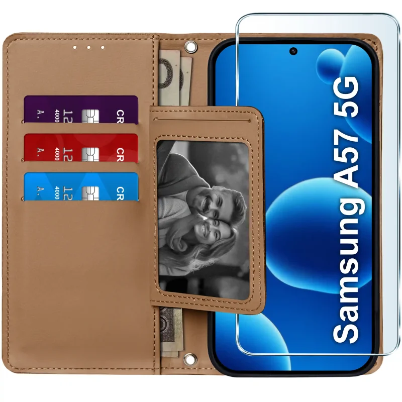 Brązowe etui z klapką do Samsung Galaxy A57 5G z trzema kieszonkami na karty, miejscem na zdjęcie, przegrodą na banknoty i szkłem hartowanym 9H