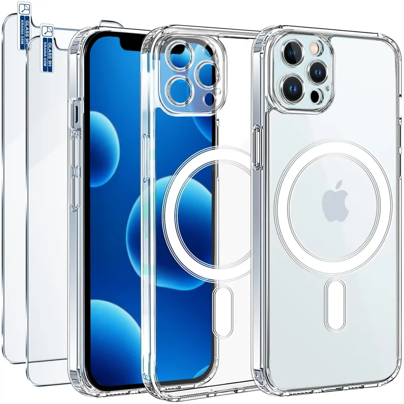 Bezbarwne etui z MagSafe do iPhone 12 Pro Max z magnetycznym pierścieniem, osłoną aparatów i dwoma szkłami hartowanymi 9H w zestawie