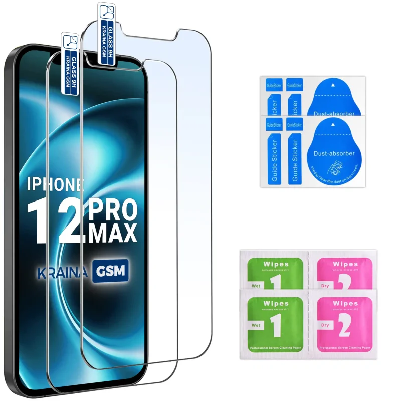 Dwa szkła hartowane 9H do iPhone 12 Pro Max z zestawem ściereczek Wet i Dry oraz naklejkami do usuwania kurzu