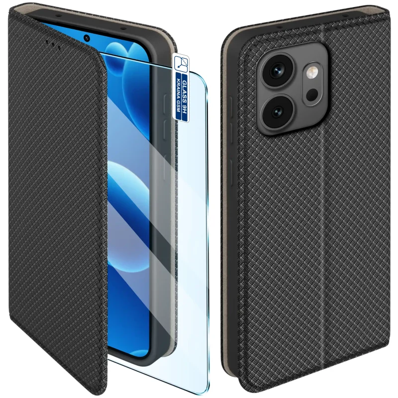 Etui z klapką do Honor 600 w czarnym kolorze z magnetycznym zamknięciem, antypoślizgową fakturą i elastycznym TPU chroniącym telefon