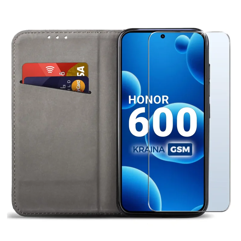 Czarne etui portfelowe do Honor 600 z miejscem na karty, ukrytym magnesem i funkcją stojaka do codziennego użytkowania