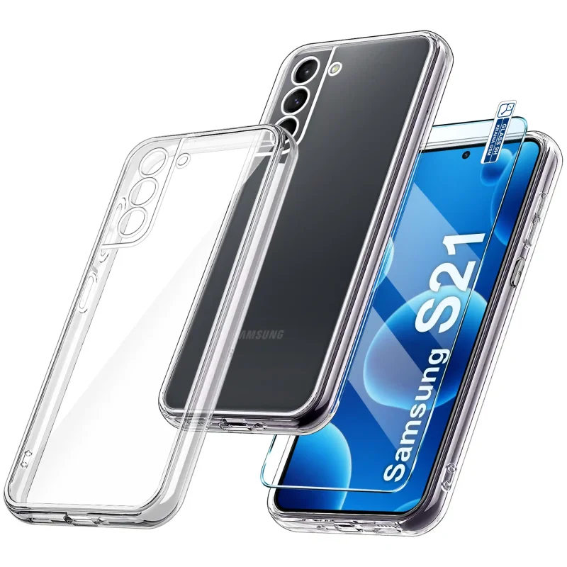 Bezbarwne etui 2 mm do Samsung Galaxy S21 ze szkłem hartowanym 9H widok zestawu