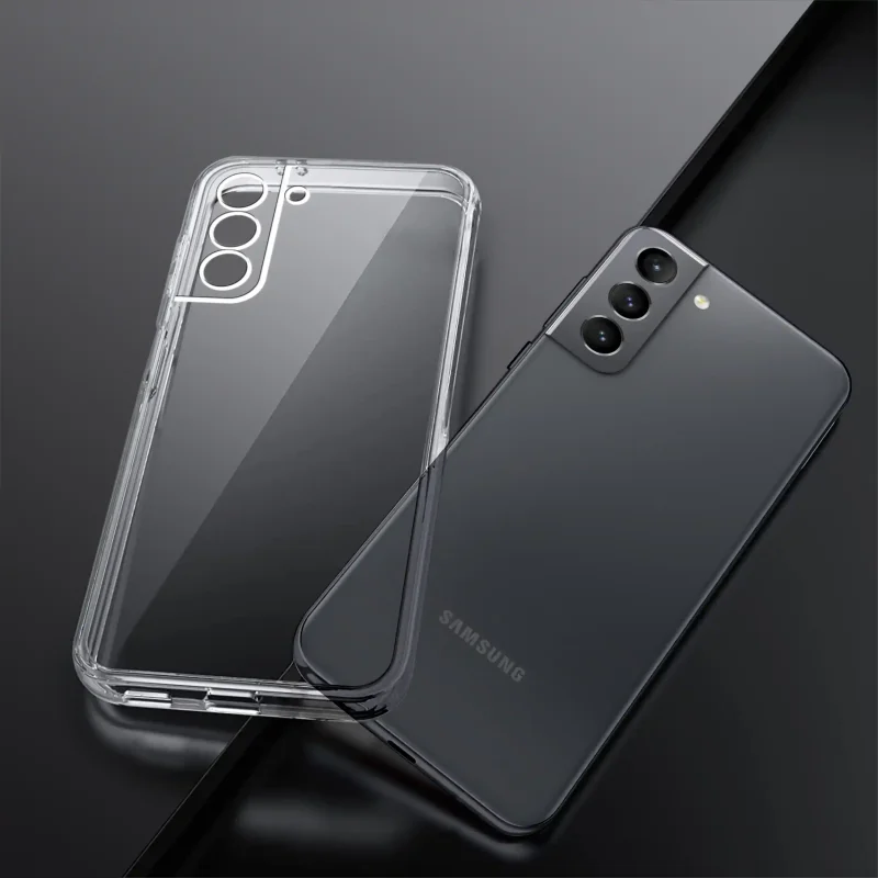 Bezbarwne etui do Samsung Galaxy S21 pokazane obok telefonu widok tylnej części