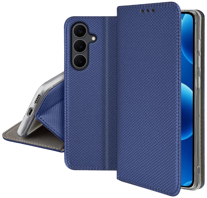 Granatowe zamykane etui z klapką do Samsung Galaxy S25 FE z matową strukturą, wycięciami na porty oraz ochroną aparatów i boków smartfona