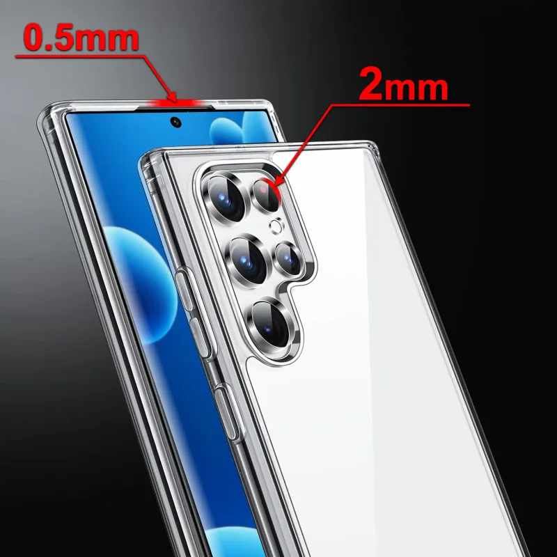 Bezbarwne etui wzmacniane do Samsung Galaxy S22 Ultra z rantem 0,5 mm ponad ekranem i osłoną aparatów 2 mm