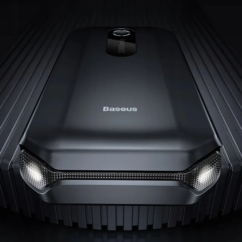 Powerbank rozruchowy Baseus 10000 mAh z widocznym logo marki i wbudowaną latarką LED