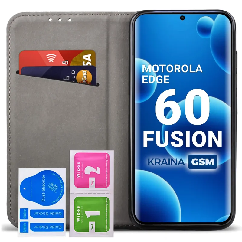 Czarne etui z klapką do Motorola Edge 60 i 60 Fusion z kieszonką na karty i miękką wyściółką wewnętrzną