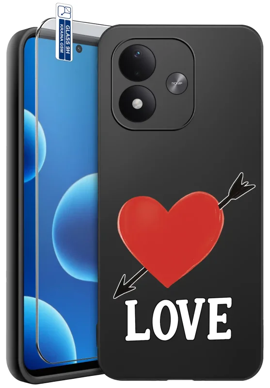 Etui walentynkowe KrainaGSM do Xiaomi Redmi Note 17 4G | 5G czarne z czerwonym sercem przebitym strzałą, napisem LOVE i szkłem hartowanym 9H w zestawie