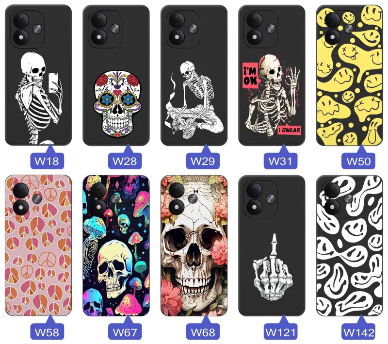 Kolekcja różnych wzorów etui Halloween do Xiaomi Redmi Note 17 4G | 5G z motywami czaszek, szkieletów, uśmiechów i grafik w stylu dark