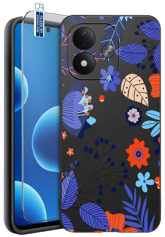 Etui dla Babci do Xiaomi Redmi Note 17 4G | 5G z kolorowym nadrukiem niebieskich, fioletowych i pomarańczowych kwiatów oraz szkłem hartowanym 9H w zestawie