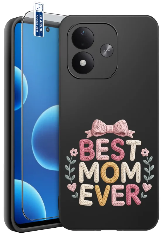 Etui dla Mamy do Xiaomi Redmi Note 17 4G | 5G czarne z pastelowym nadrukiem BEST MOM EVER, różową kokardką, kwiatami i serduszkami oraz szkłem hartowanym 9H w zestawie