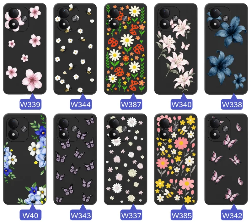Kolekcja wzorów wiosennych na etui do Xiaomi Redmi Note 17 4G | 5G: kwiaty, motyle, pszczółki, biedronki i truskawki na silikonowych pleckach