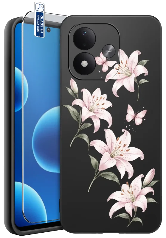 Etui wiosenne do Xiaomi Redmi Note 17 4G | 5G czarne z nadrukiem delikatnych różowych lilii, zielonych liści i pastelowych motyli oraz szkłem hartowanym 9H w zestawie