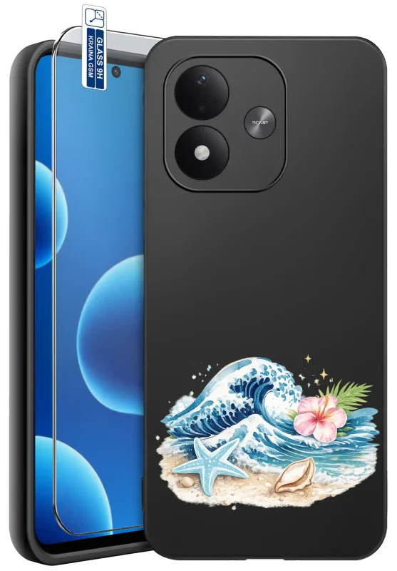 Etui wakacyjne do Xiaomi Redmi Note 17 4G | 5G czarne z kolorowym nadrukiem morskiej fali, różowego kwiatu hibiskusa, tropikalnych liści, rozgwiazdy i muszli oraz szkłem hartowanym 9H w zestawie