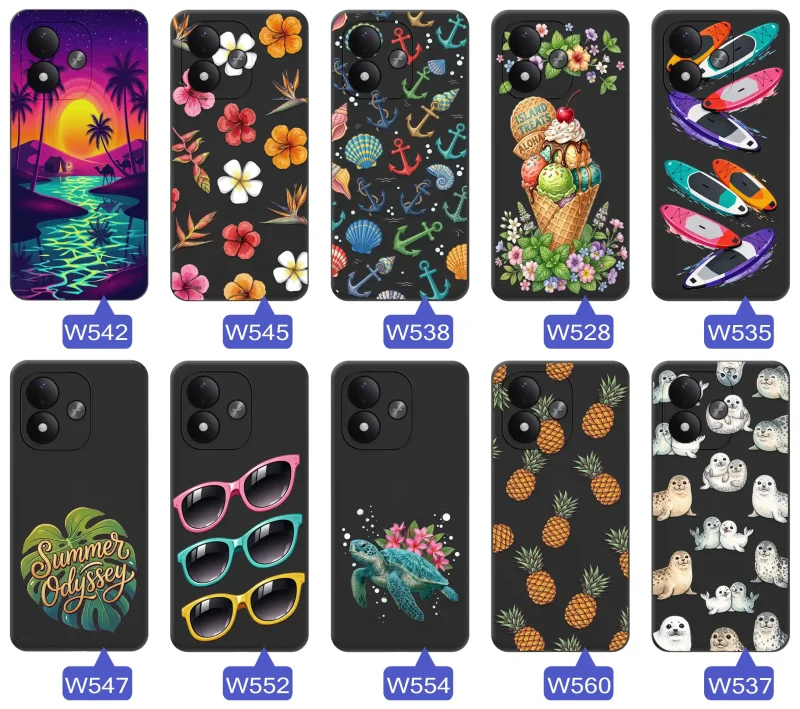 Kolekcja etui wakacyjnych do Xiaomi Redmi Note 17 4G | 5G z palmami, kwiatami, kotwicami, lodami, deskami SUP, fokami i ananasami