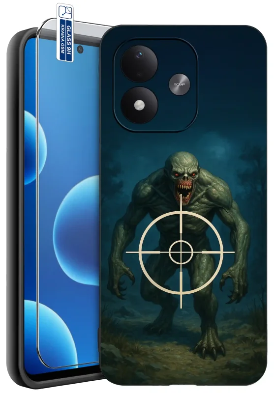 Etui dla gracza do Xiaomi Redmi Note 17 4G | 5G z nadrukiem przerażającego potwora i celownika na ciemnym tle, szkło hartowane 9H w zestawie.