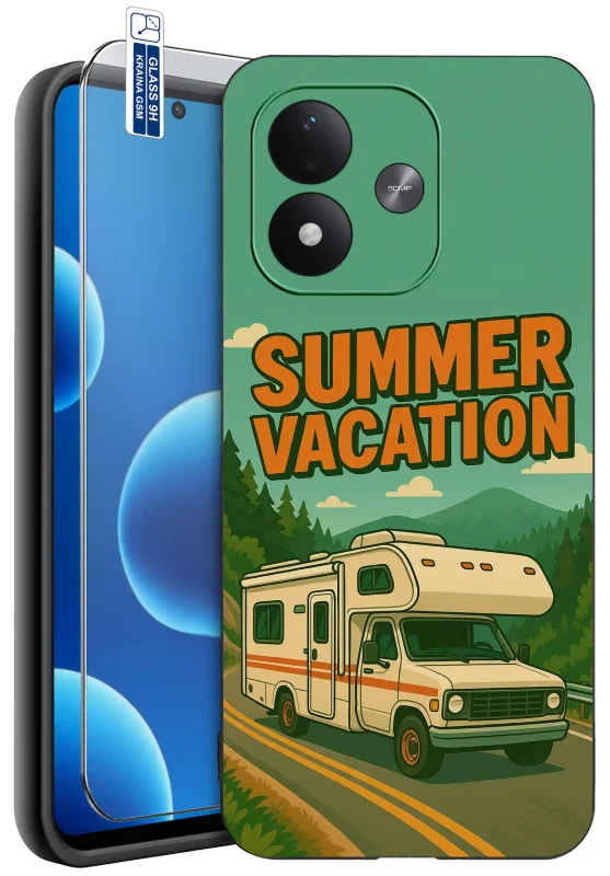 Etui wakacyjne do Xiaomi Redmi Note 17 4G | 5G z nadrukiem kampera, napisem Summer Vacation i szkłem hartowanym 9H w zestawie
