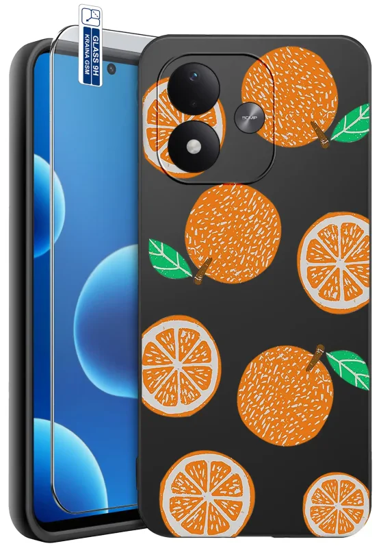 Etui z owocami do Xiaomi Redmi Note 17 4G | 5G z nadrukiem pomarańczy i zielonych listków na czarnym tle oraz szkłem hartowanym 9H w zestawie