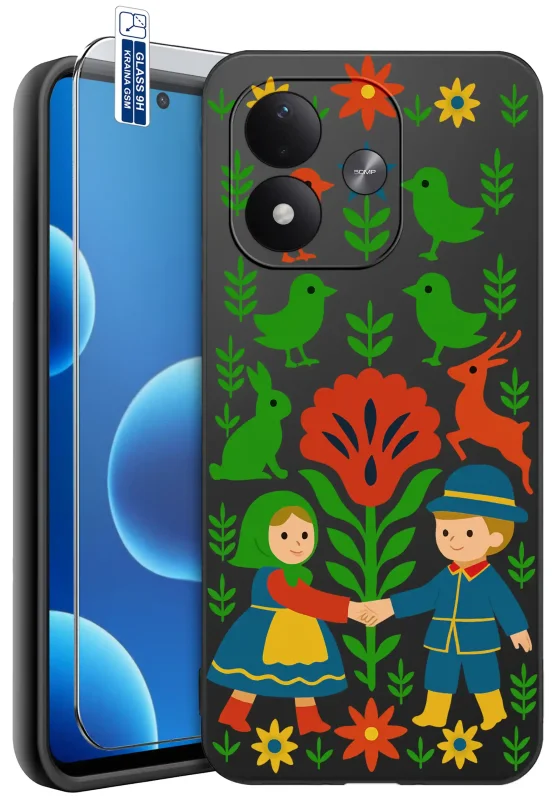 Etui z wzorami ludowymi do Xiaomi Redmi Note 17 4G | 5G z kolorowym nadrukiem pary w strojach ludowych, kwiatów, ptaków, zająca i jelenia oraz szkłem hartowanym 9H w zestawie