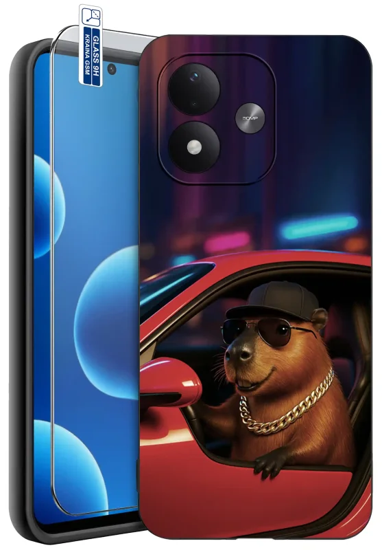 Etui z kapibarą do Xiaomi Redmi Note 17 4G | 5G z nadrukiem kapibary w czerwonym samochodzie, w okularach przeciwsłonecznych, czapce i złotym łańcuchu oraz szkłem hartowanym 9H w zestawie