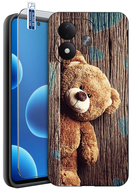 Etui z misiem do Xiaomi Redmi Note 17 4G | 5G z nadrukiem brązowego pluszowego misia na tle drewnianych desek z niebieskimi serduszkami oraz szkłem hartowanym 9H w zestawie
