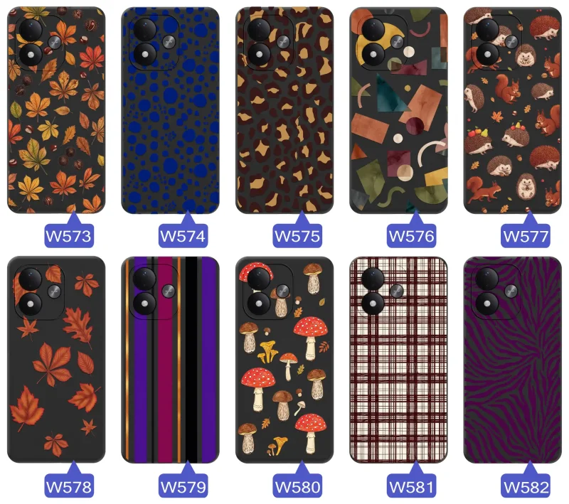 Różne etui jesienne do Xiaomi Redmi Note 17 4G | 5G z kolorowymi nadrukami liści, grzybów, zwierząt, kraty i panterki