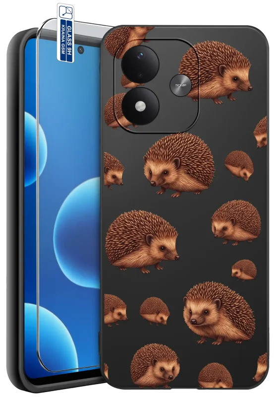 Etui jesienne do Xiaomi Redmi Note 17 4G | 5G z nadrukiem brązowych jeży oraz szkło hartowane 9H w zestawie