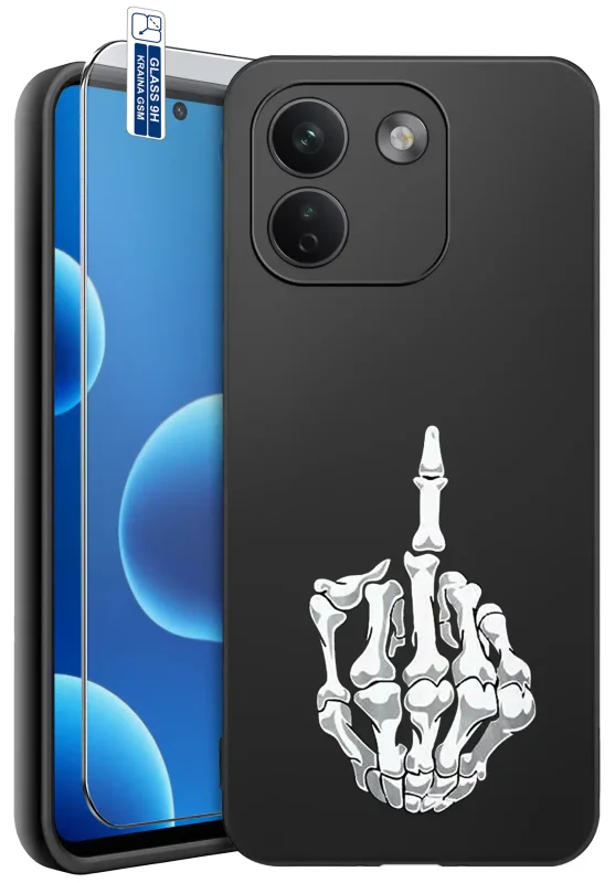 Etui Halloween do Xiaomi Redmi Note 17 Pro Max 5G z nadrukiem białej szkieletowej dłoni pokazującej palec na czarnym tle, szkło hartowane 9H w zestawie