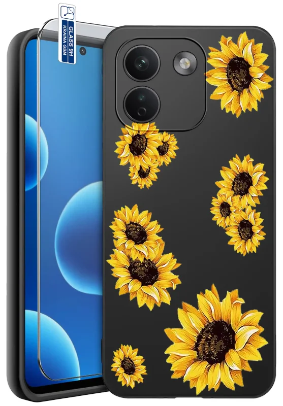 Etui do Xiaomi Redmi Note 17 Pro Max 5G z nadrukiem żółtych słoneczników na czarnym tle oraz szkłem hartowanym 9H w zestawie