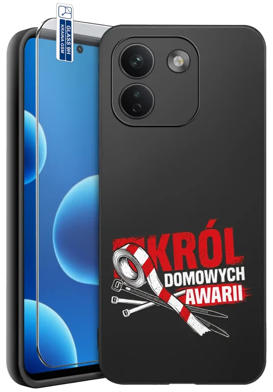 Etui dla Taty do Xiaomi Redmi Note 17 Pro Max 5G z nadrukiem „Król domowych awarii” i motywem narzędzi na czarnym tle, szkło hartowane 9H w zestawie