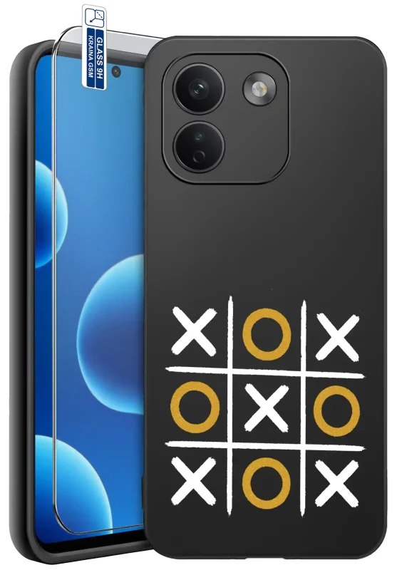 Etui dla gracza do Xiaomi Redmi Note 17 Pro Max 5G z nadrukiem gry kółko i krzyżyk w biało-złotych kolorach na czarnym tle i szkłem hartowanym 9H w zestawie
