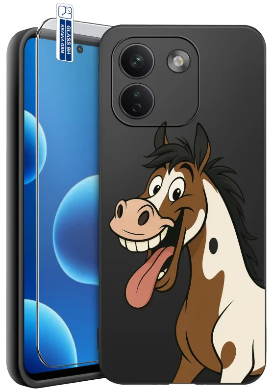 Etui z koniem do Xiaomi Redmi Note 17 Pro Max 5G z nadrukiem zabawnego, uśmiechniętego konia z wystawionym językiem i szkłem hartowanym 9H w zestawie